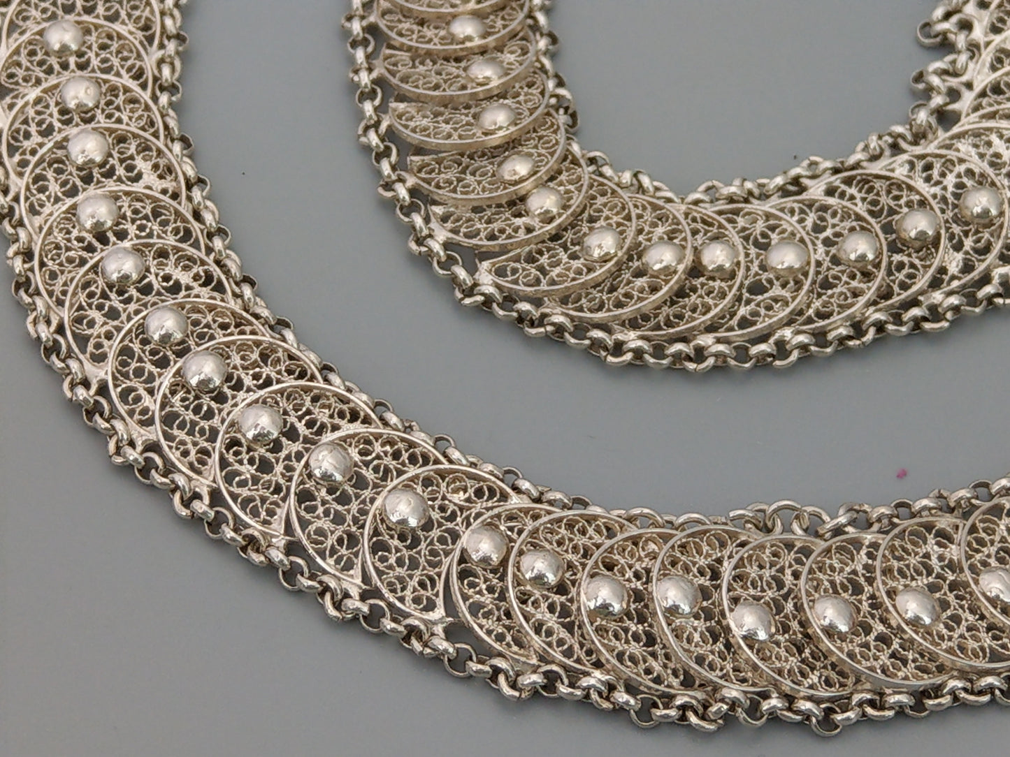 A parure Coin-Simulated Silver Filigree Bracelet and Necklace, Dutch c1960