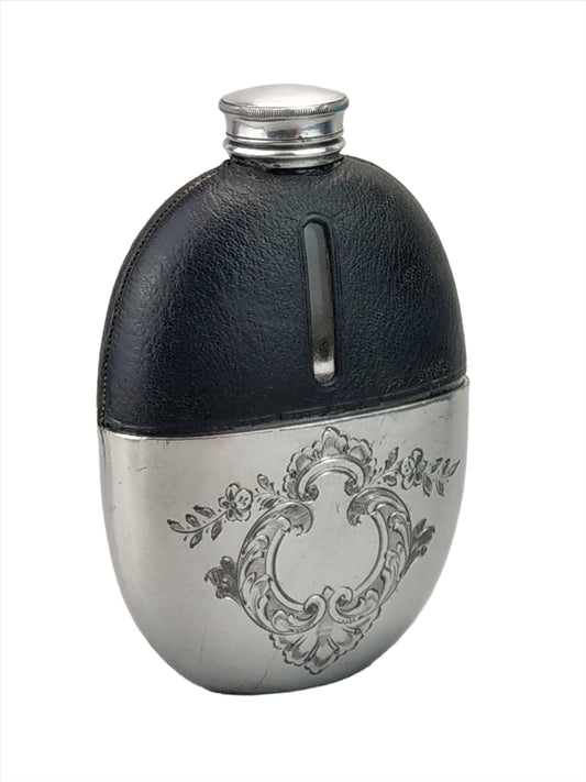 Antique Oval Hip Flask with cup leather covered by James Dixon