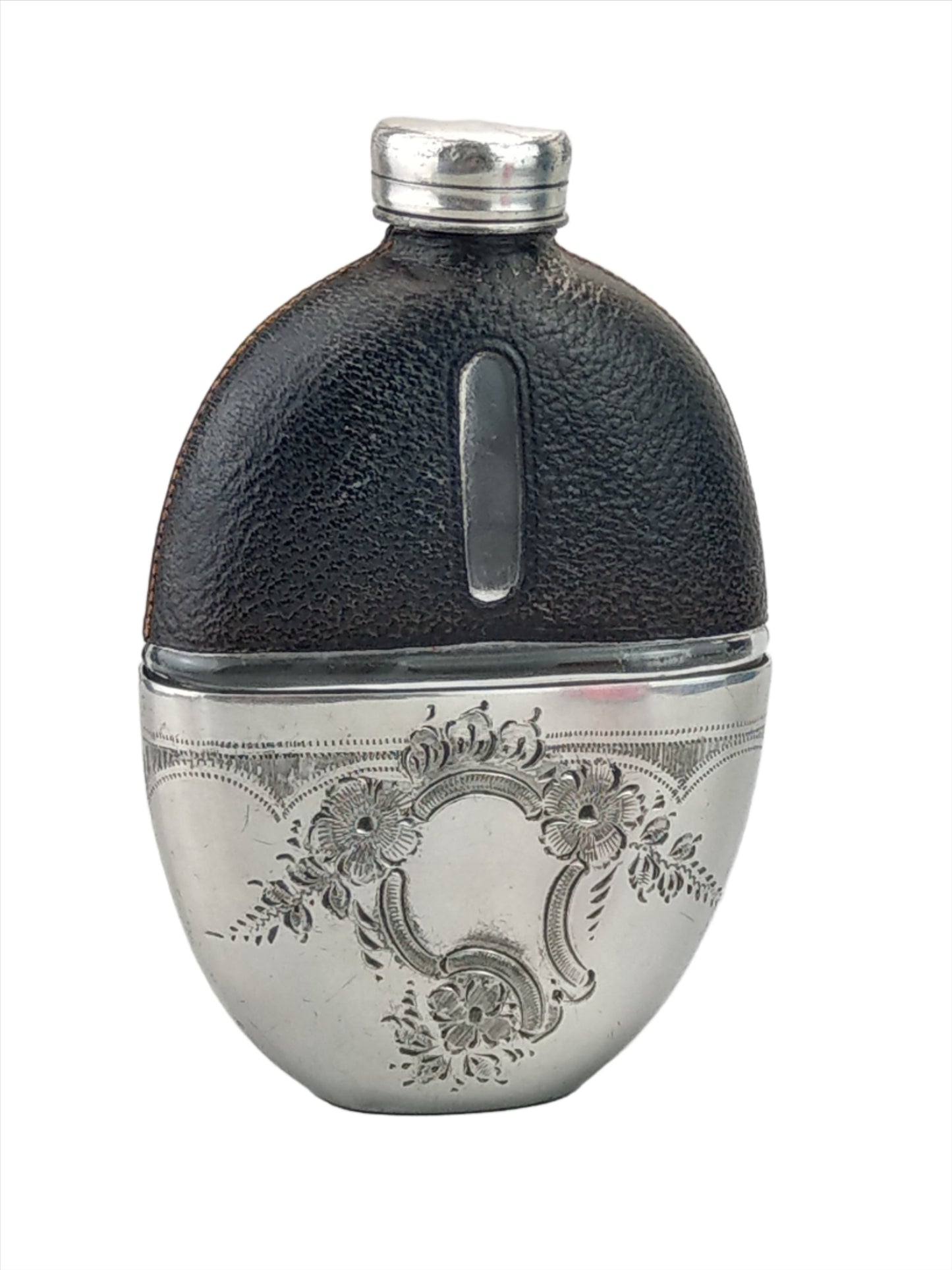 Antique Small Oval Glass Hip Flask with cup leather covered c1920