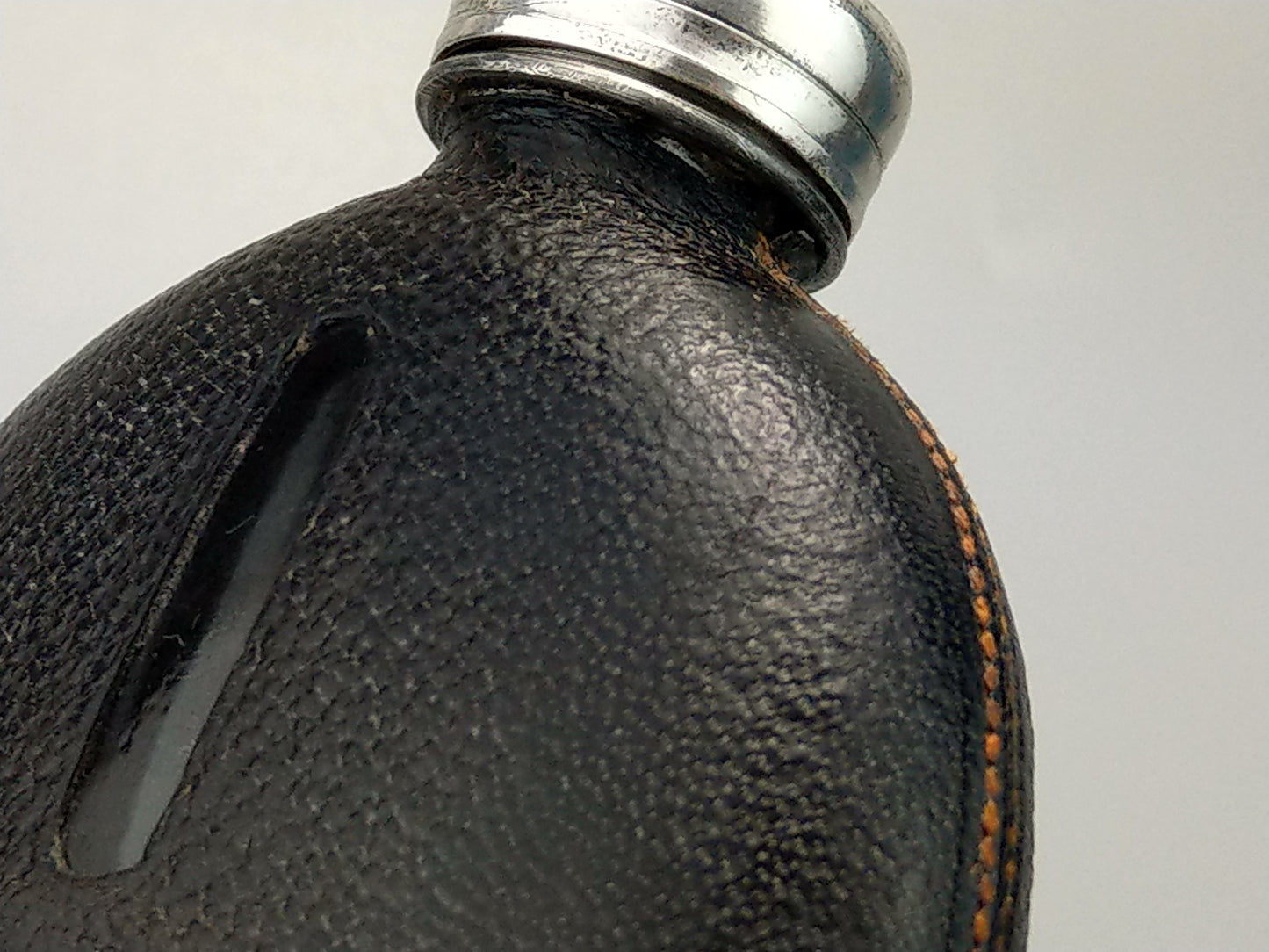 Antique Small Oval Glass Hip Flask with cup leather covered c1920