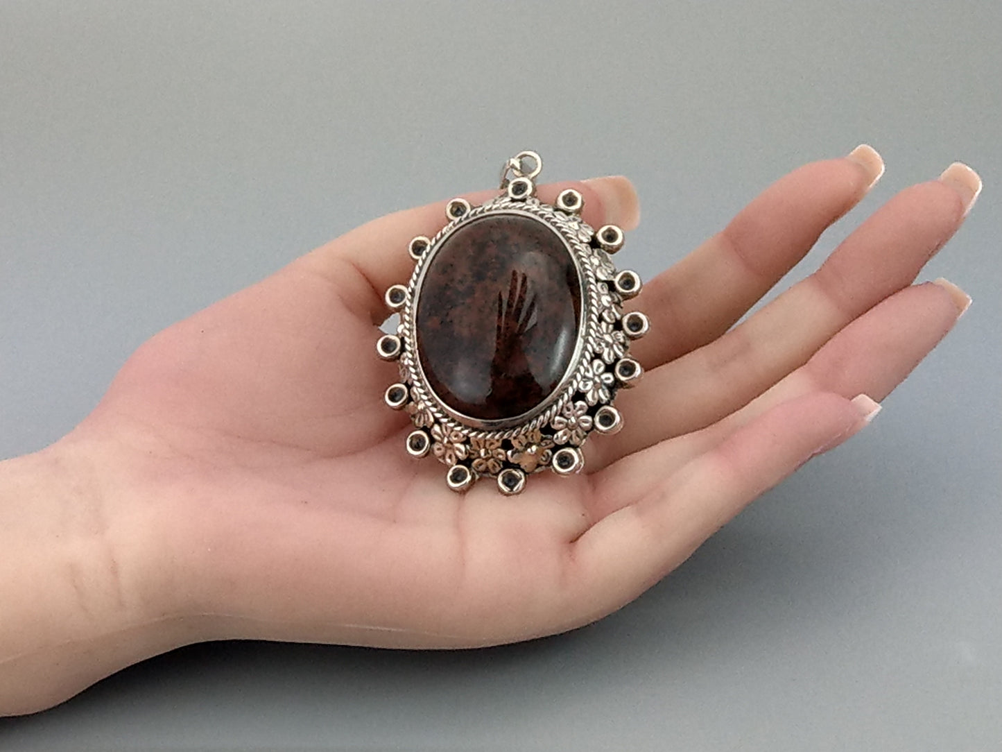 Large Oval Sterling Silver Locket pill box with Brown cabochon stone by Ari D Norman 1977