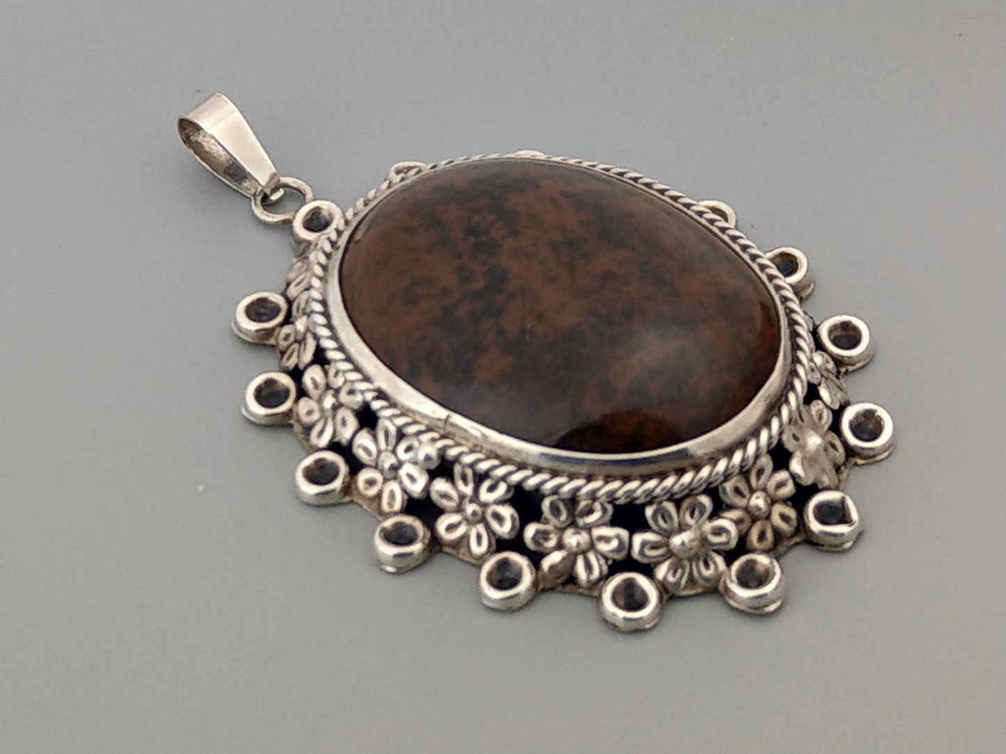 Large Oval Sterling Silver Locket pill box with Brown cabochon stone by Ari D Norman 1977