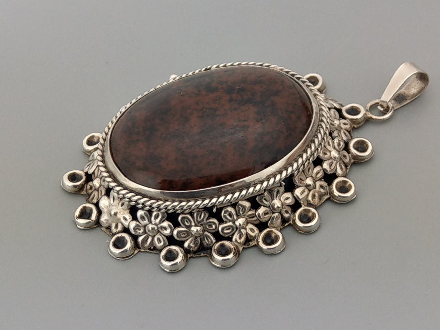 Large Oval Sterling Silver Locket pill box with Brown cabochon stone by Ari D Norman 1977