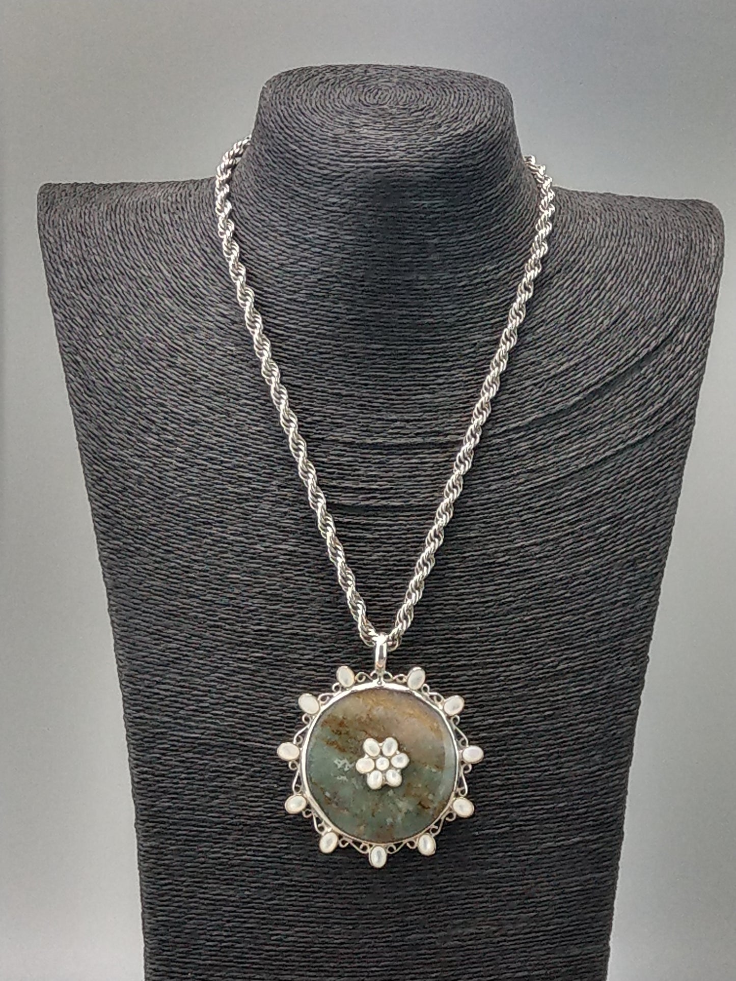 Extra large Pendant Agate and Mother and Pearls set in Sterling Silver