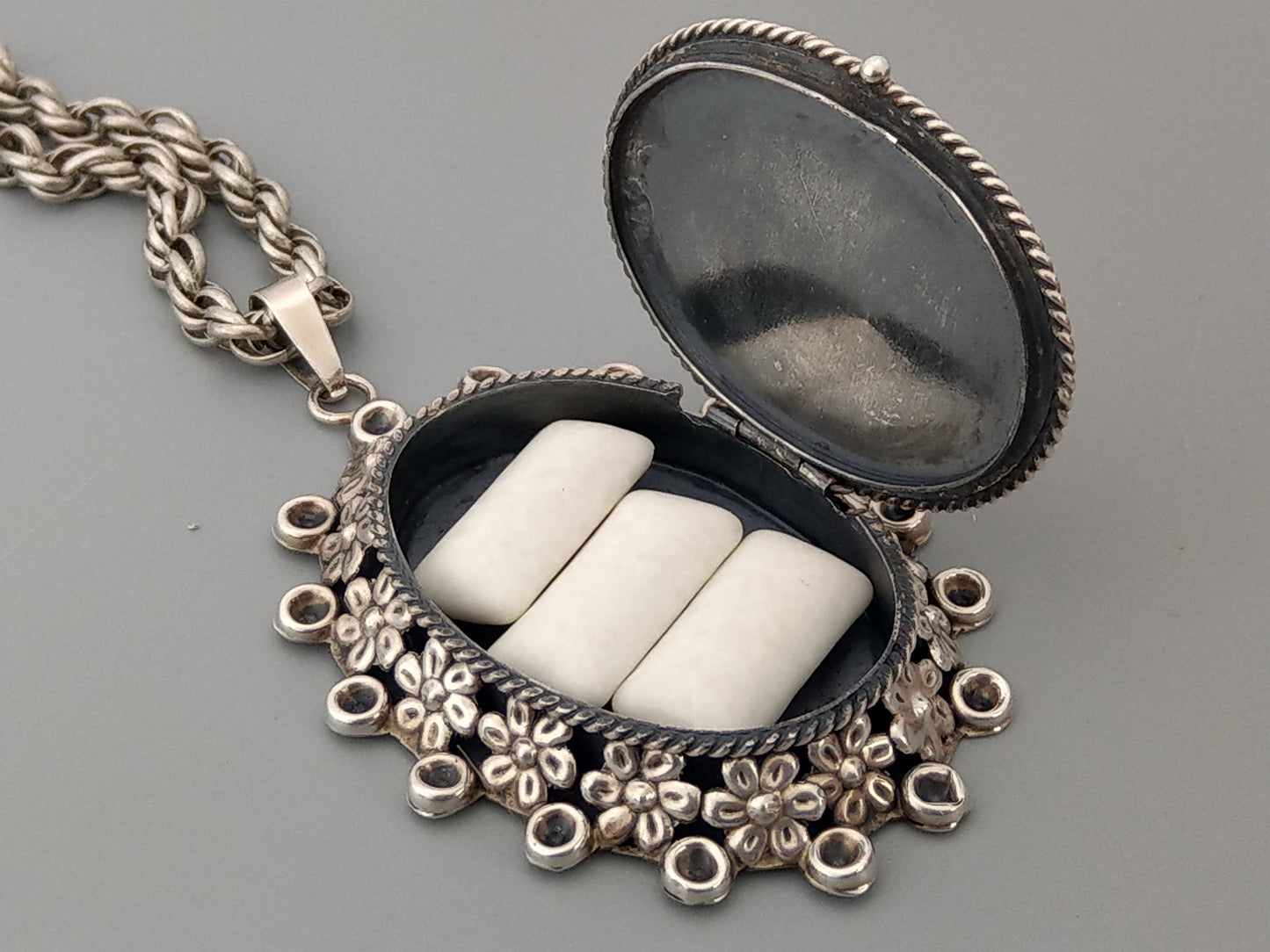 Large Oval Sterling Silver Locket pill box with Brown cabochon stone by Ari D Norman 1977