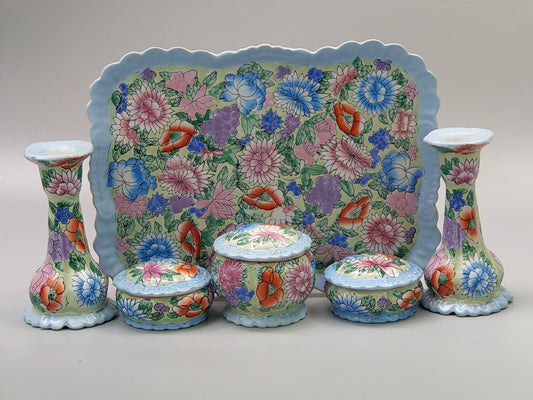 Vintage Vanity Dressing Table Set Chinese Millefiori Pattern Blue and Pink