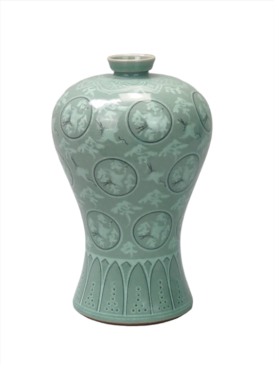 Large Korean Celadon Meiping Vase with Cranes 20th century