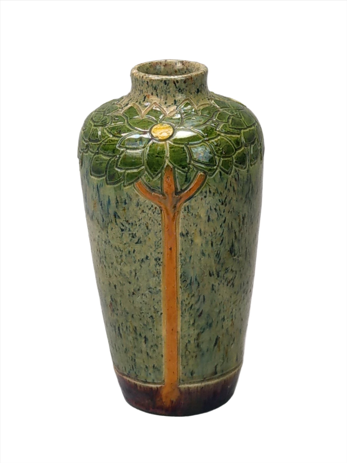 Art Nouveau Belgian pottery vase, drip glazed and incised with tall flowers, c.1900.