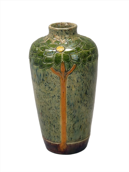 Art Nouveau Belgian pottery vase, drip glazed and incised with tall flowers, c.1900.