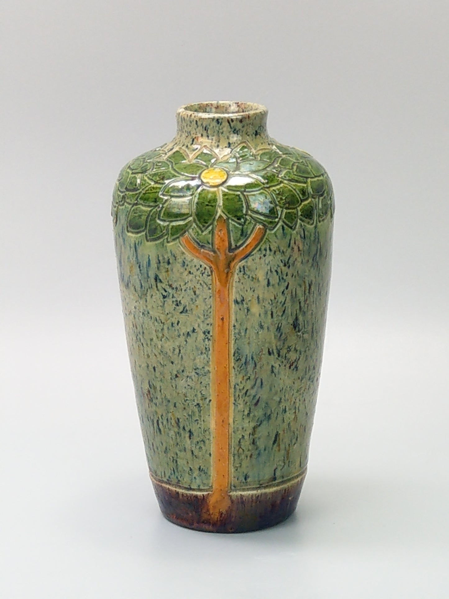 Art Nouveau Belgian pottery vase, drip glazed and incised with tall flowers, c.1900.