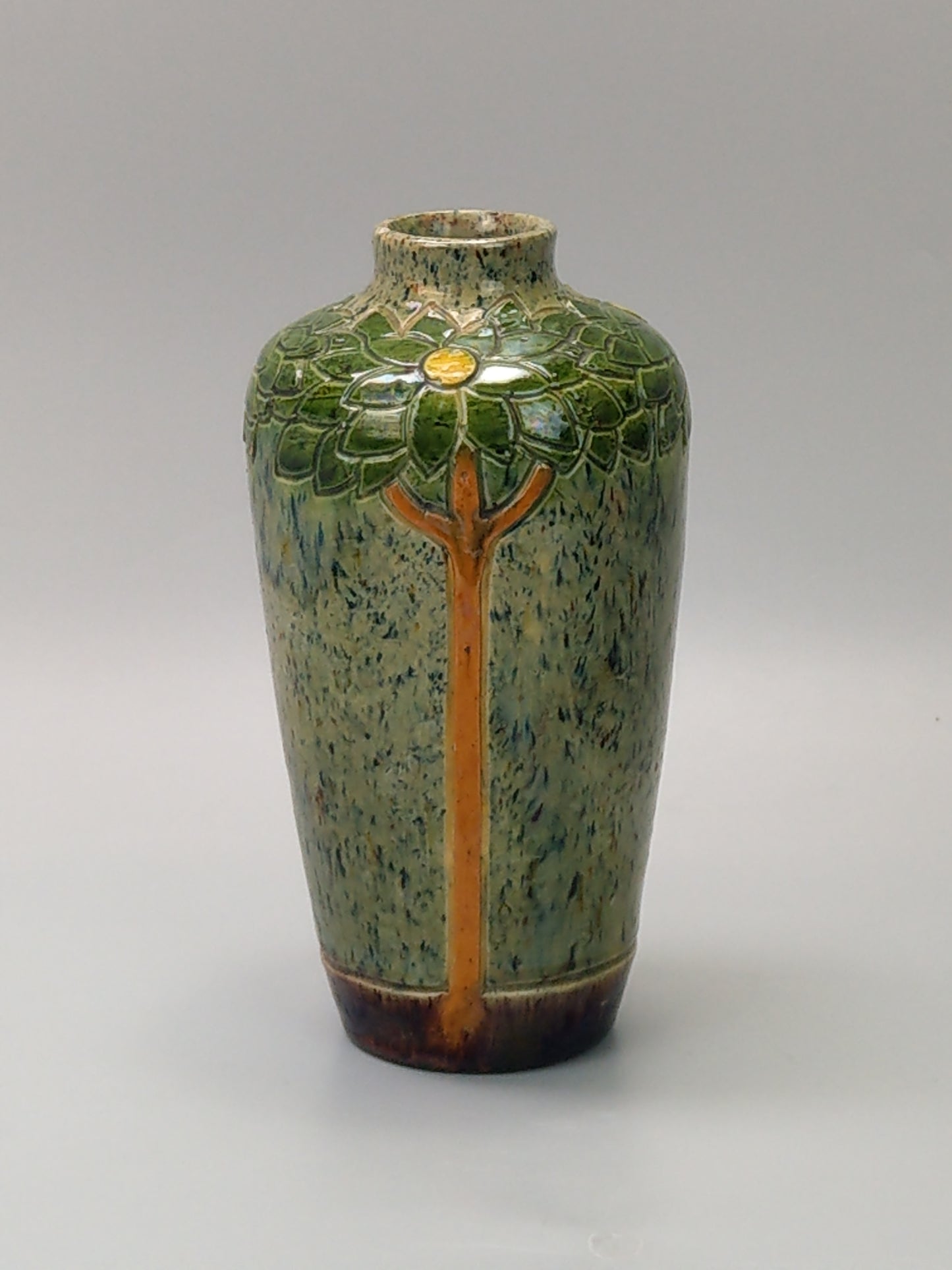 Art Nouveau Belgian pottery vase, drip glazed and incised with tall flowers, c.1900.