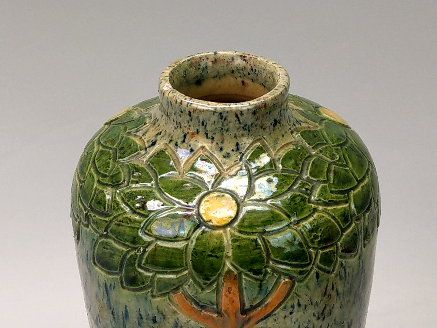 Art Nouveau Belgian pottery vase, drip glazed and incised with tall flowers, c.1900.