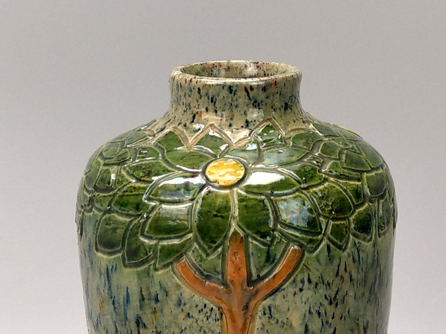 Art Nouveau Belgian pottery vase, drip glazed and incised with tall flowers, c.1900.