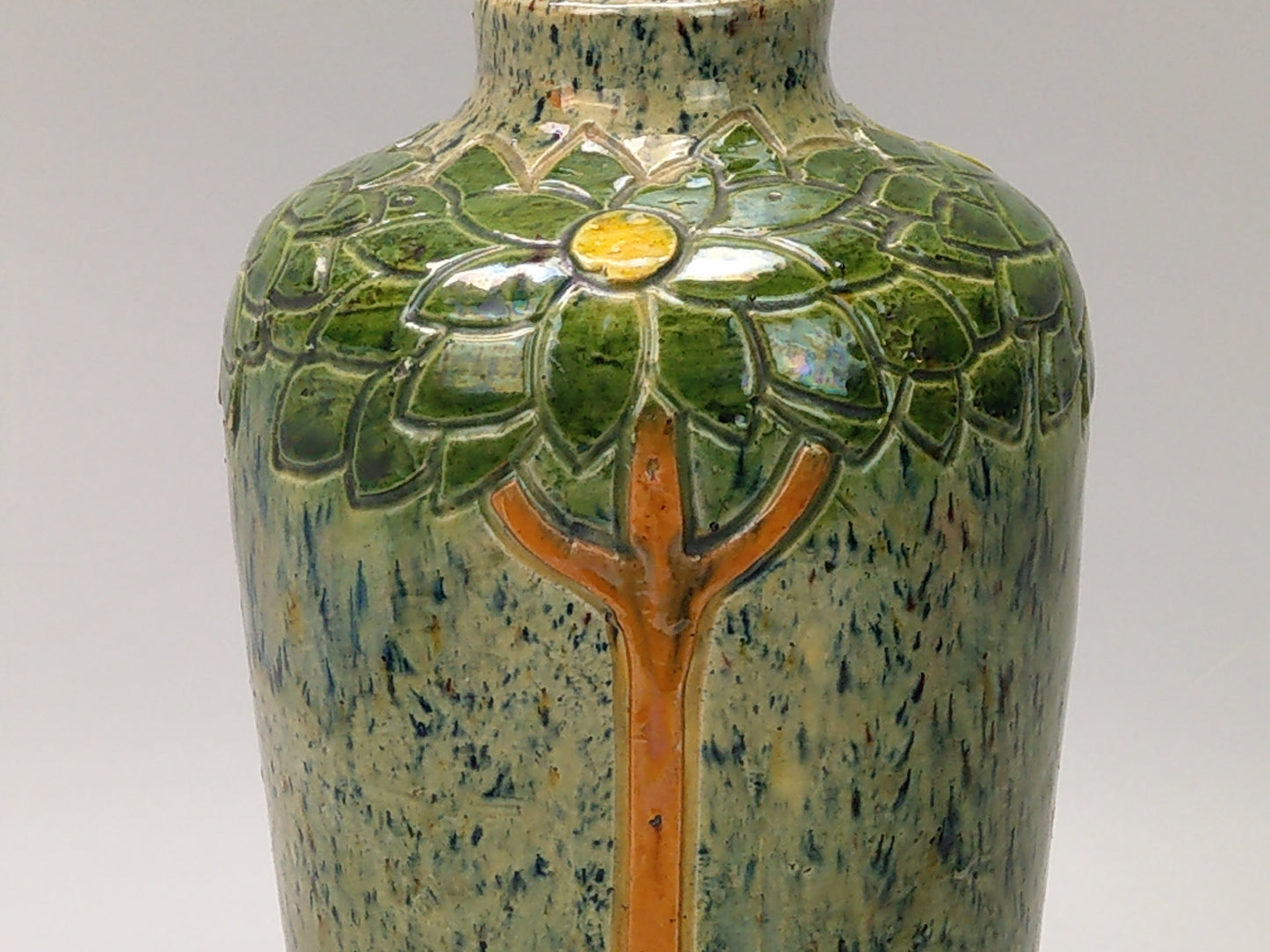 Art Nouveau Belgian pottery vase, drip glazed and incised with tall flowers, c.1900.