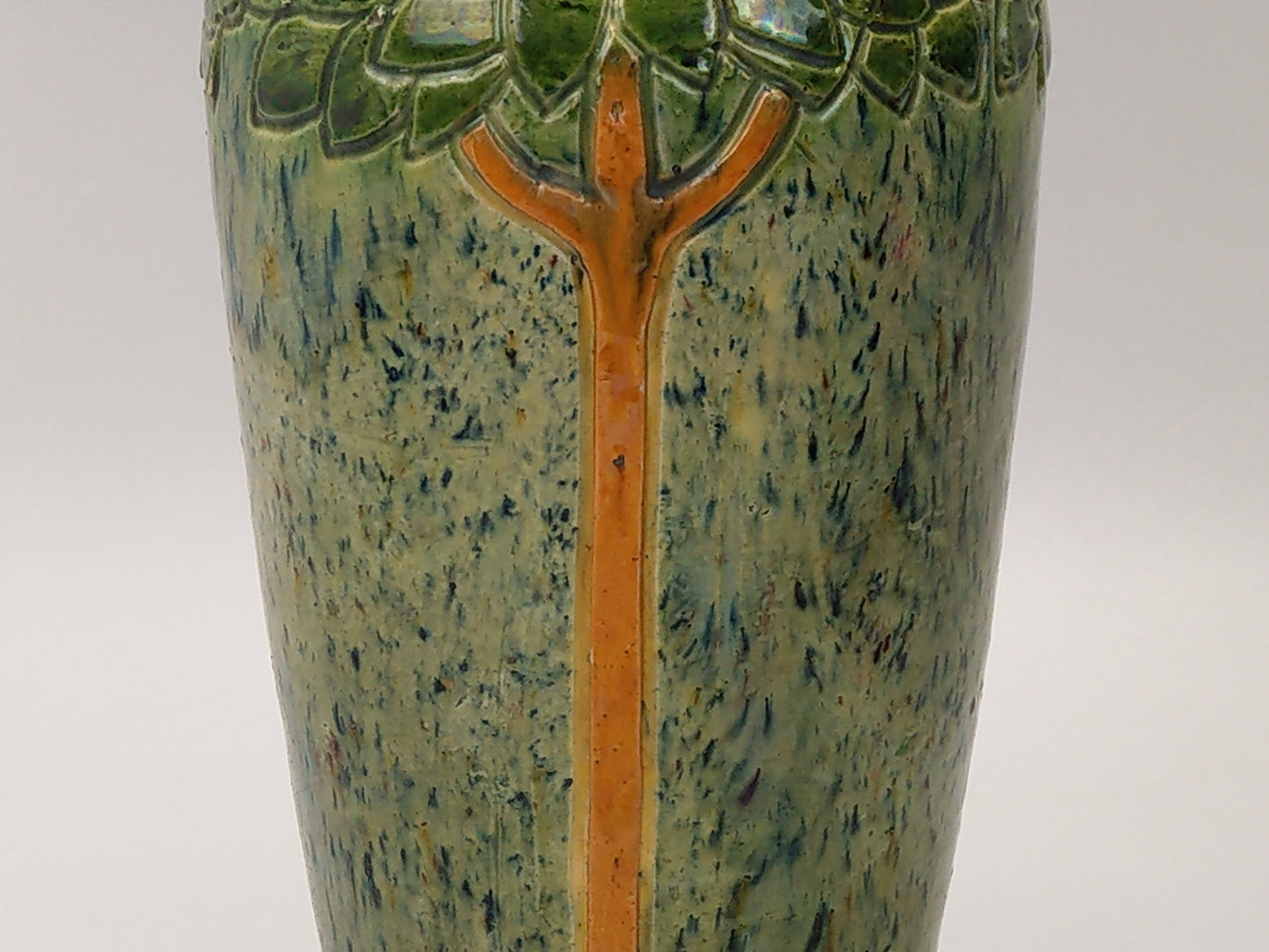 Art Nouveau Belgian pottery vase, drip glazed and incised with tall flowers, c.1900.