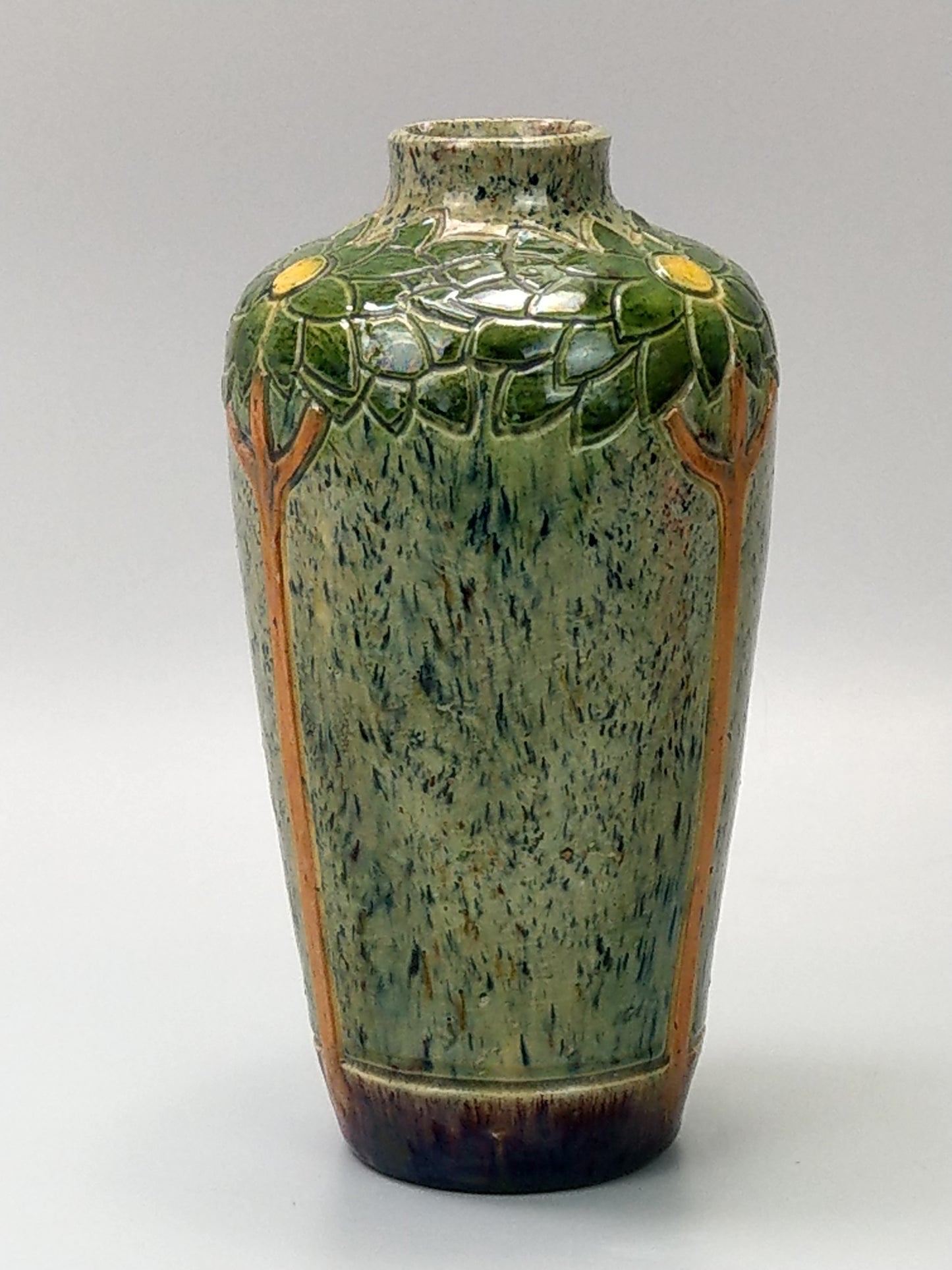 Art Nouveau Belgian pottery vase, drip glazed and incised with tall flowers, c.1900.