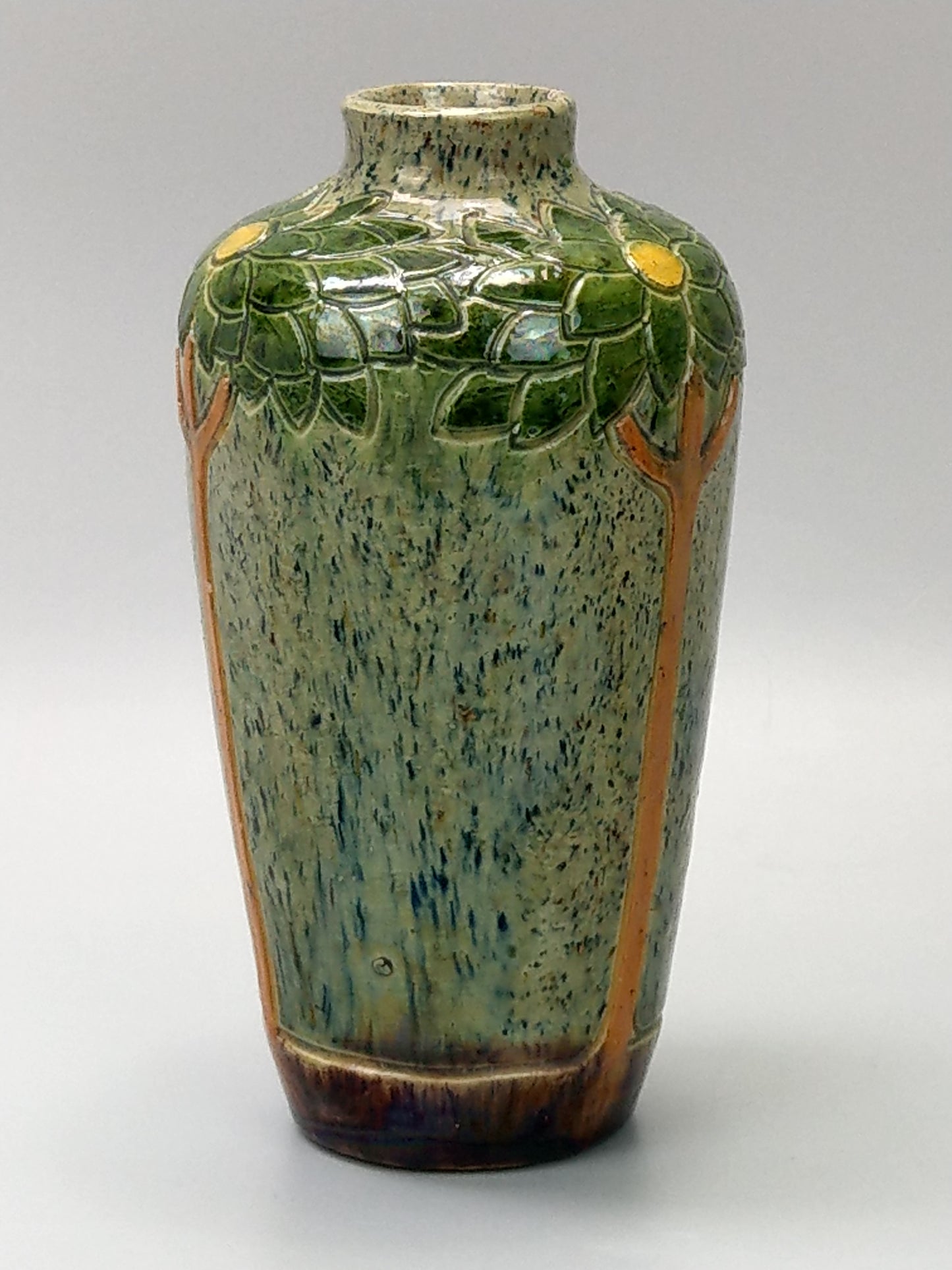 Art Nouveau Belgian pottery vase, drip glazed and incised with tall flowers, c.1900.