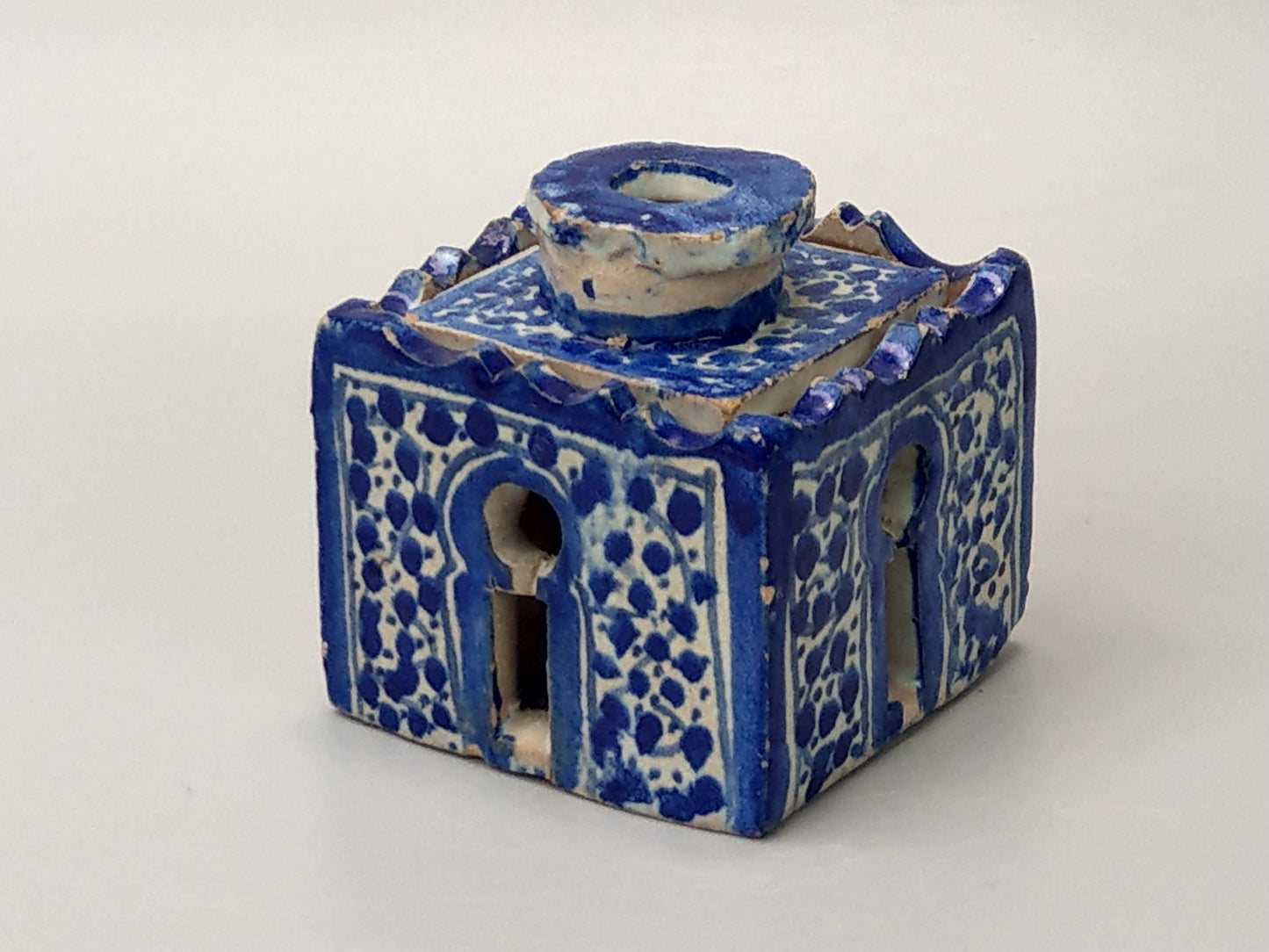 Antique Moroccan Blue and white caligraphy inkwell form of riad