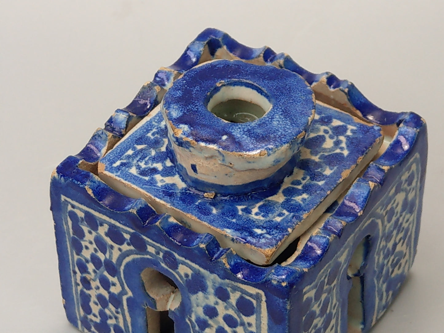 Antique Moroccan Blue and white caligraphy inkwell form of riad