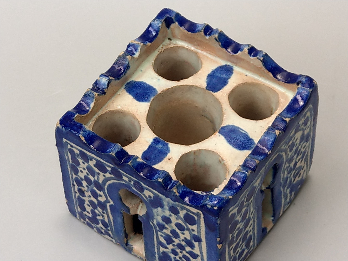 Antique Moroccan Blue and white caligraphy inkwell form of riad