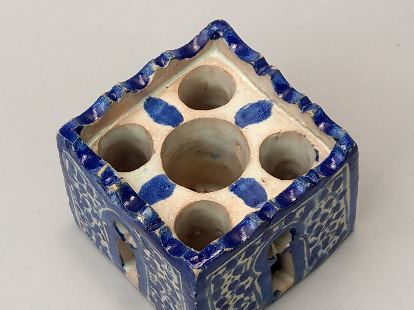 Antique Moroccan Blue and white caligraphy inkwell form of riad