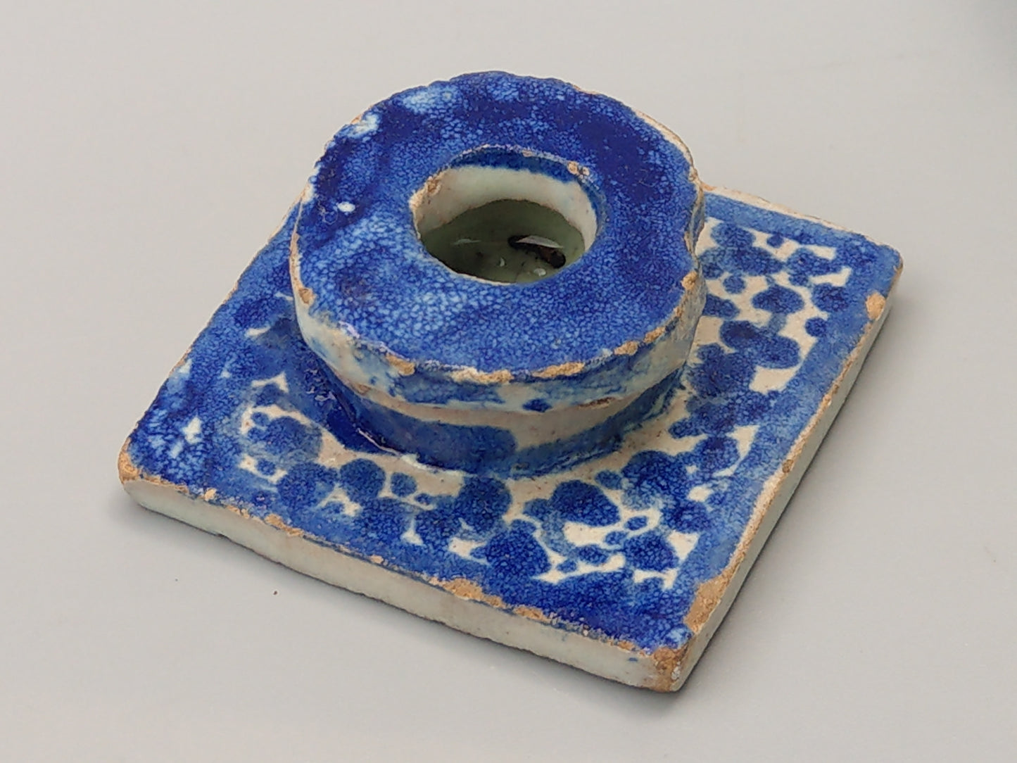 Antique Moroccan Blue and white caligraphy inkwell form of riad