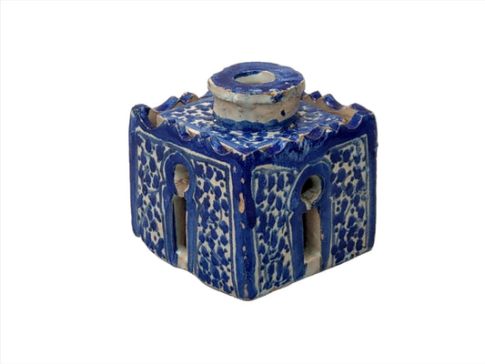 Antique Moroccan Blue and white caligraphy inkwell form of riad 