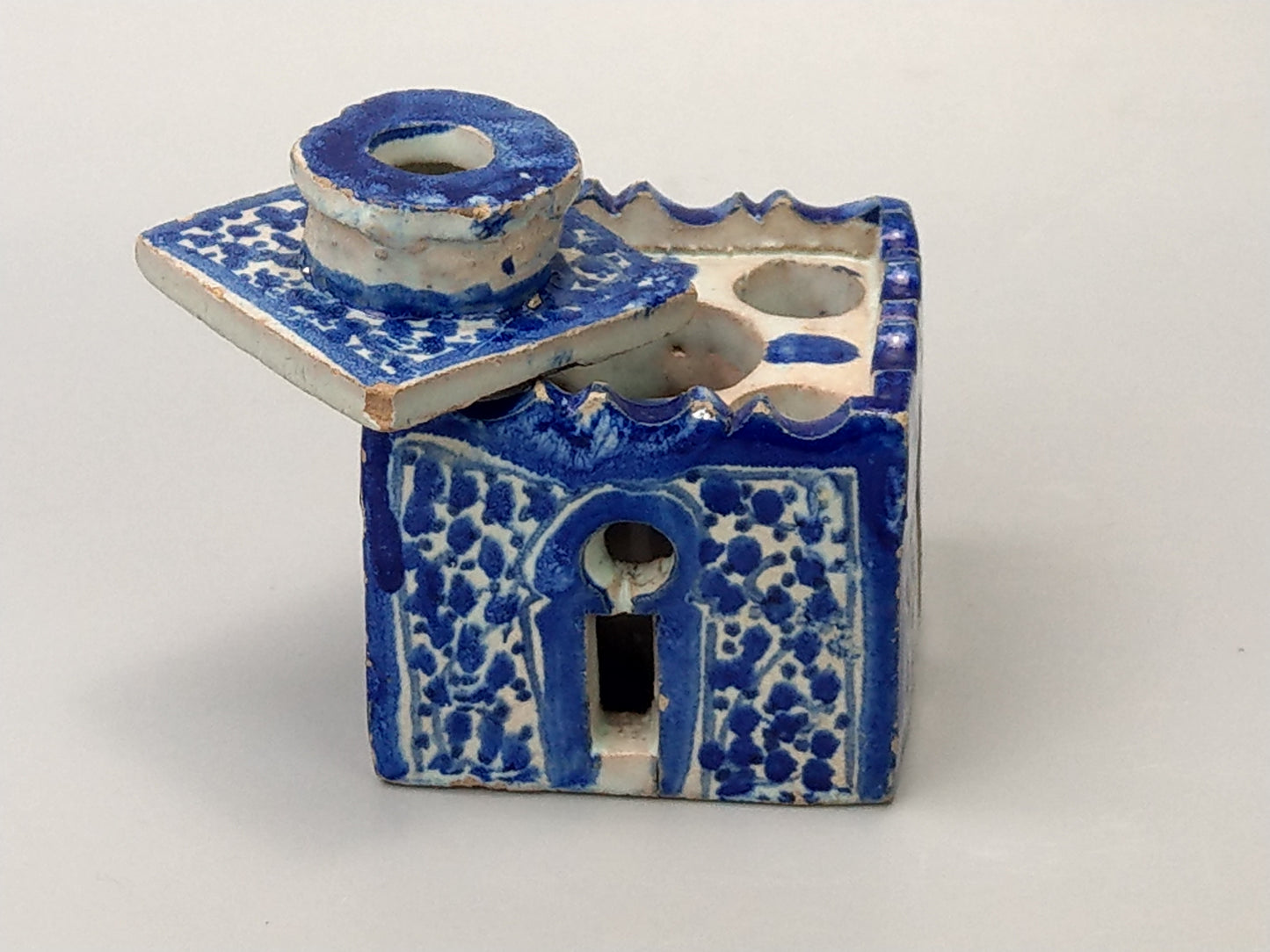 Antique Moroccan Blue and white caligraphy inkwell form of riad