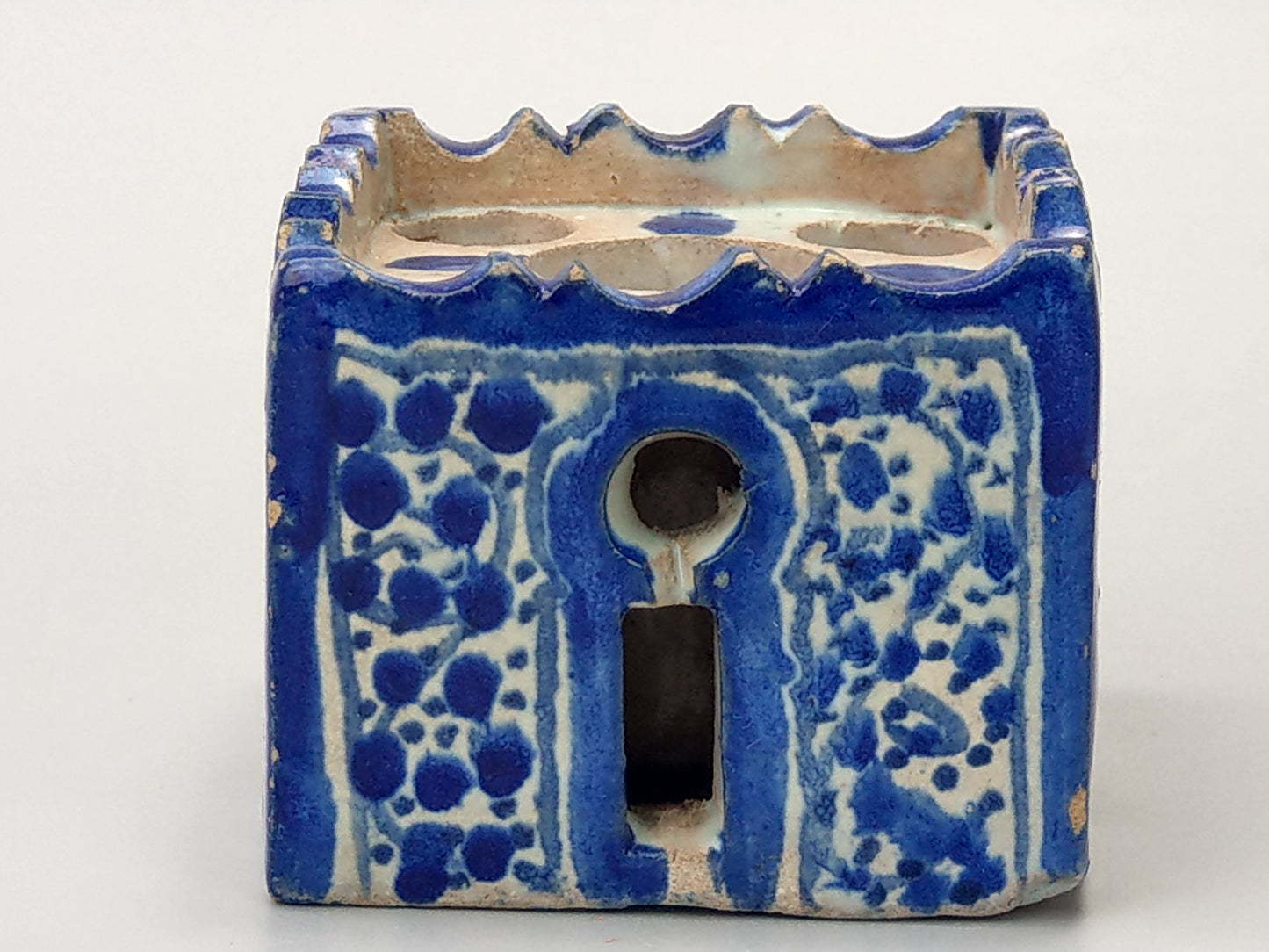 Antique Moroccan Blue and white caligraphy inkwell form of riad