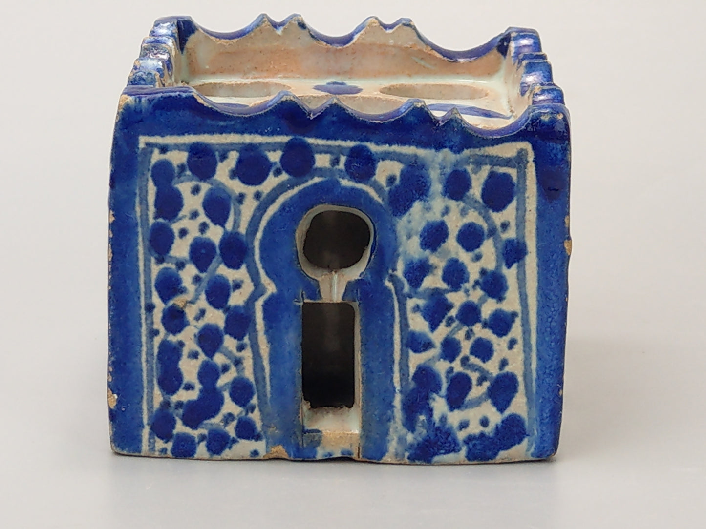 Antique Moroccan Blue and white caligraphy inkwell form of riad