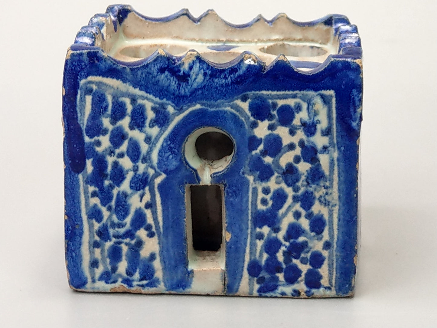 Antique Moroccan Blue and white caligraphy inkwell form of riad