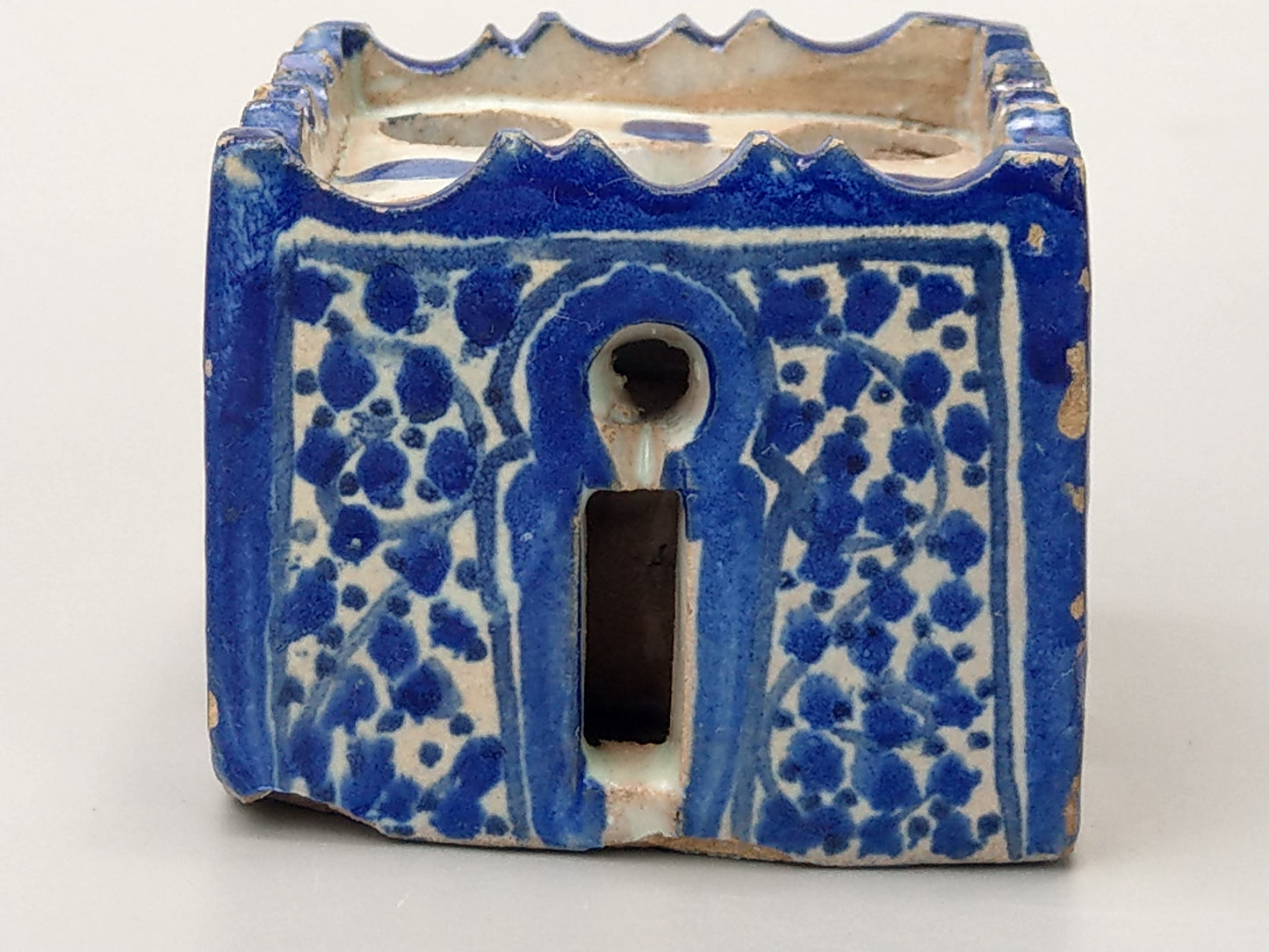 Antique Moroccan Blue and white caligraphy inkwell form of riad