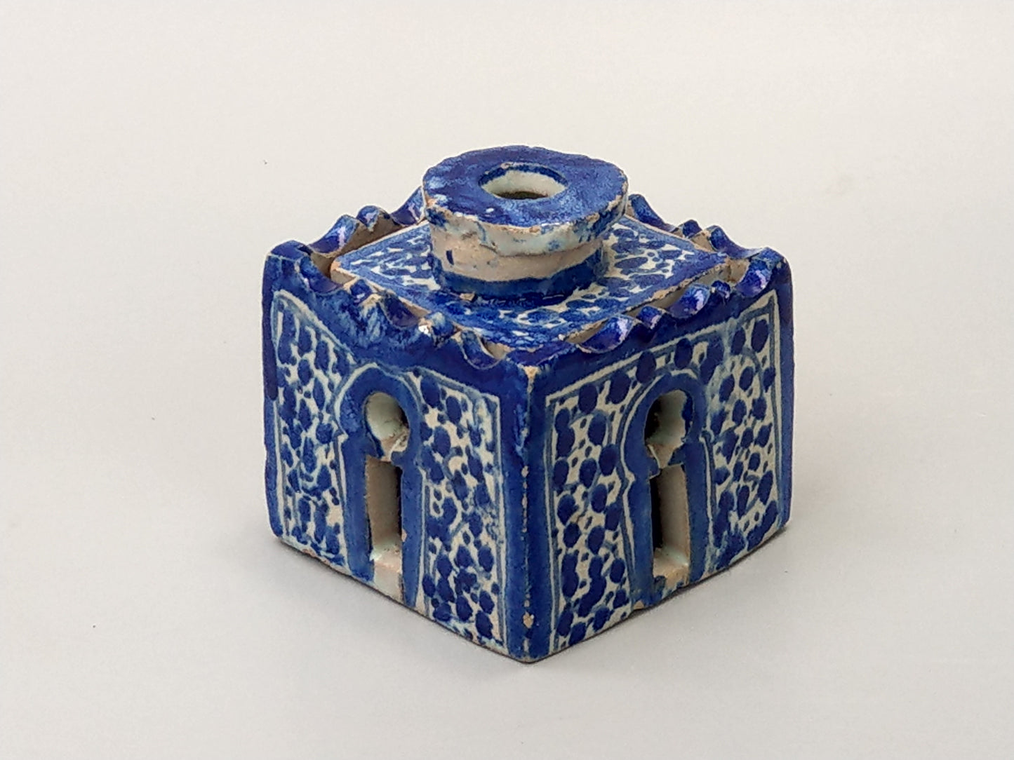 Antique Moroccan Blue and white caligraphy inkwell form of riad