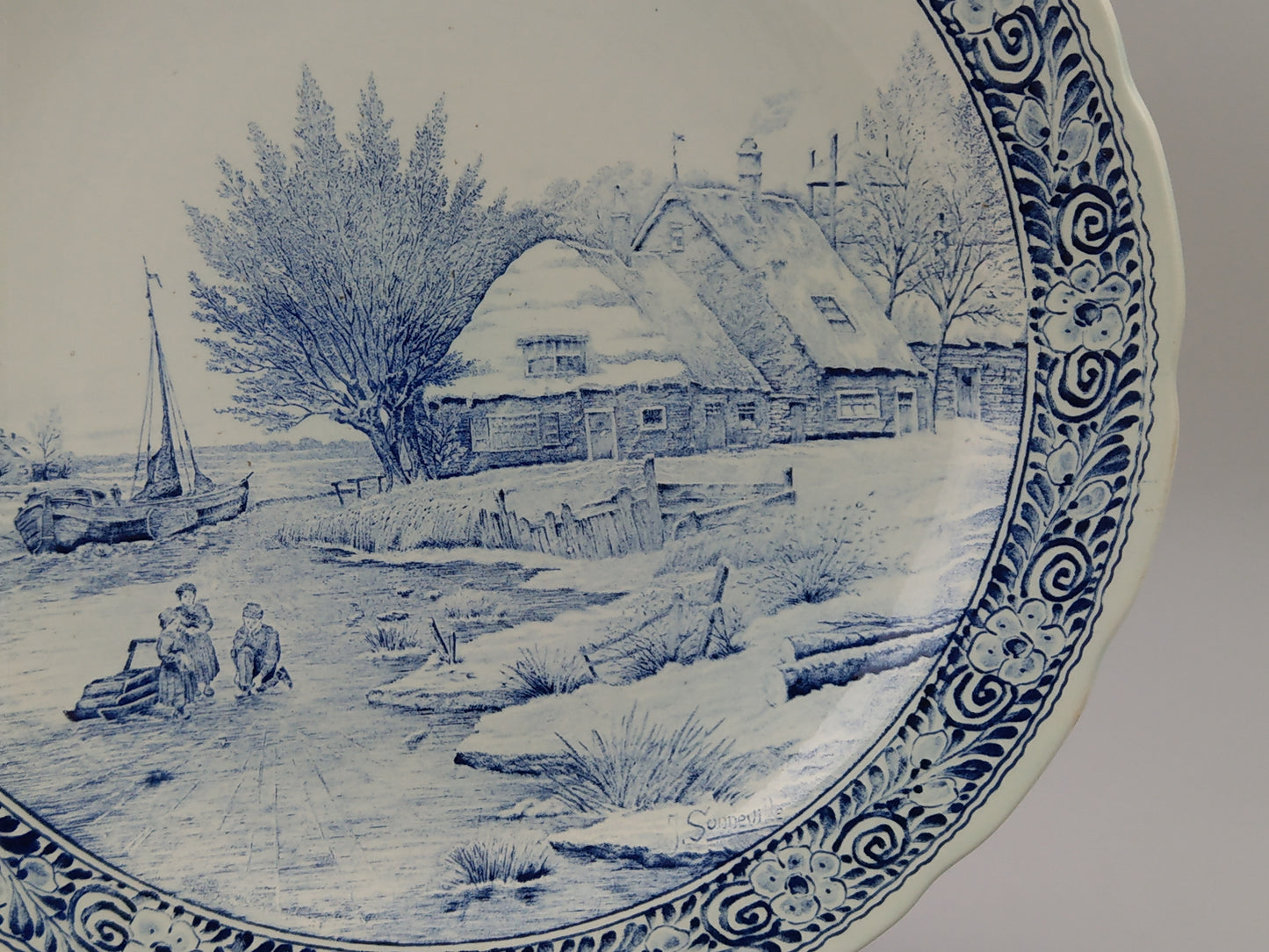 Large Delftware Platter with Dutch Rural Scenery signed J Sonneville