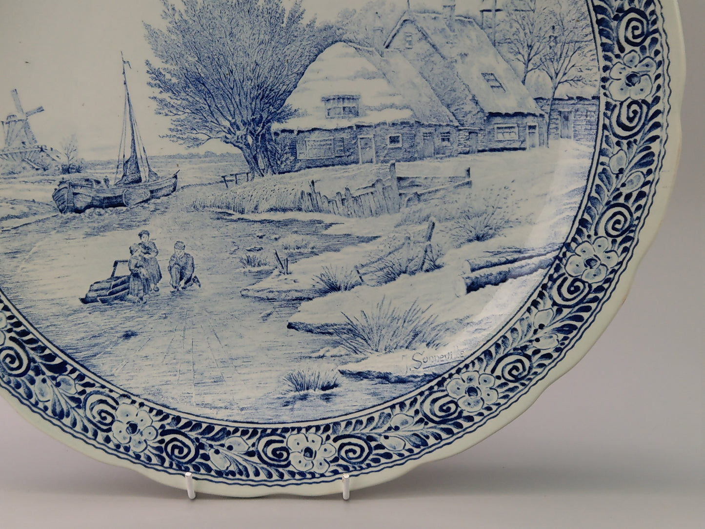 Large Delftware Platter with Dutch Rural Scenery signed J Sonneville