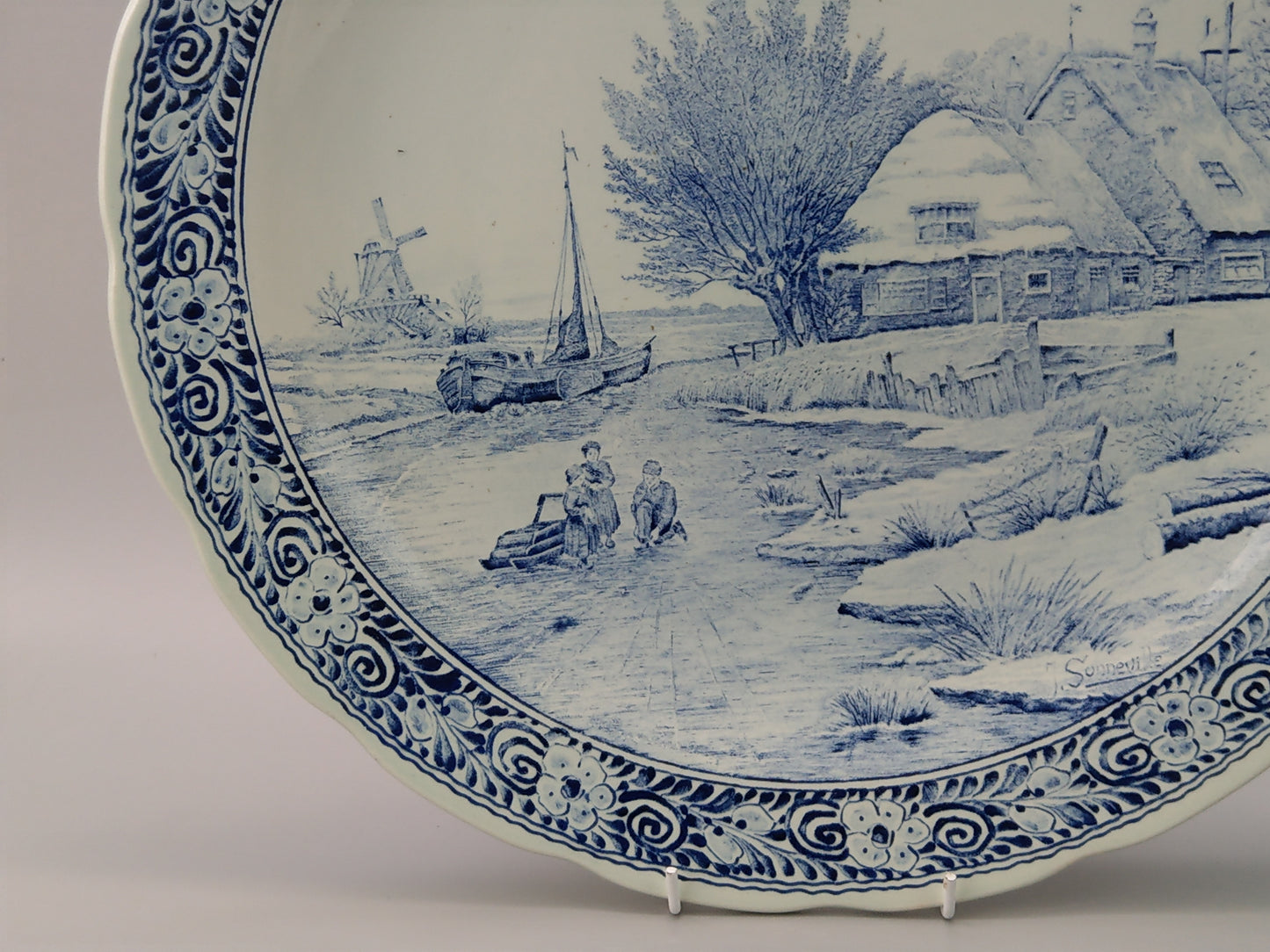 Large Delftware Platter with Dutch Rural Scenery signed J Sonneville