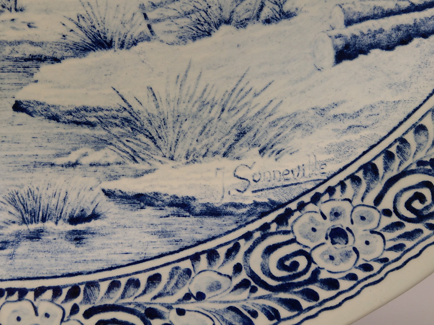 Large Delftware Platter with Dutch Rural Scenery signed J Sonneville