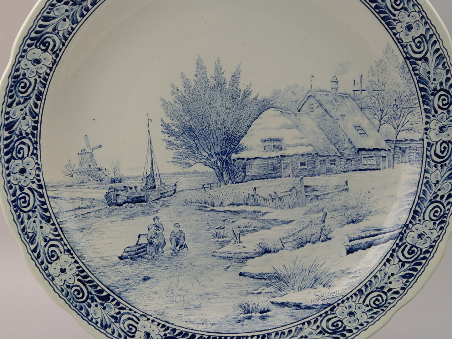 Large Delftware Platter with Dutch Rural Scenery signed J Sonneville