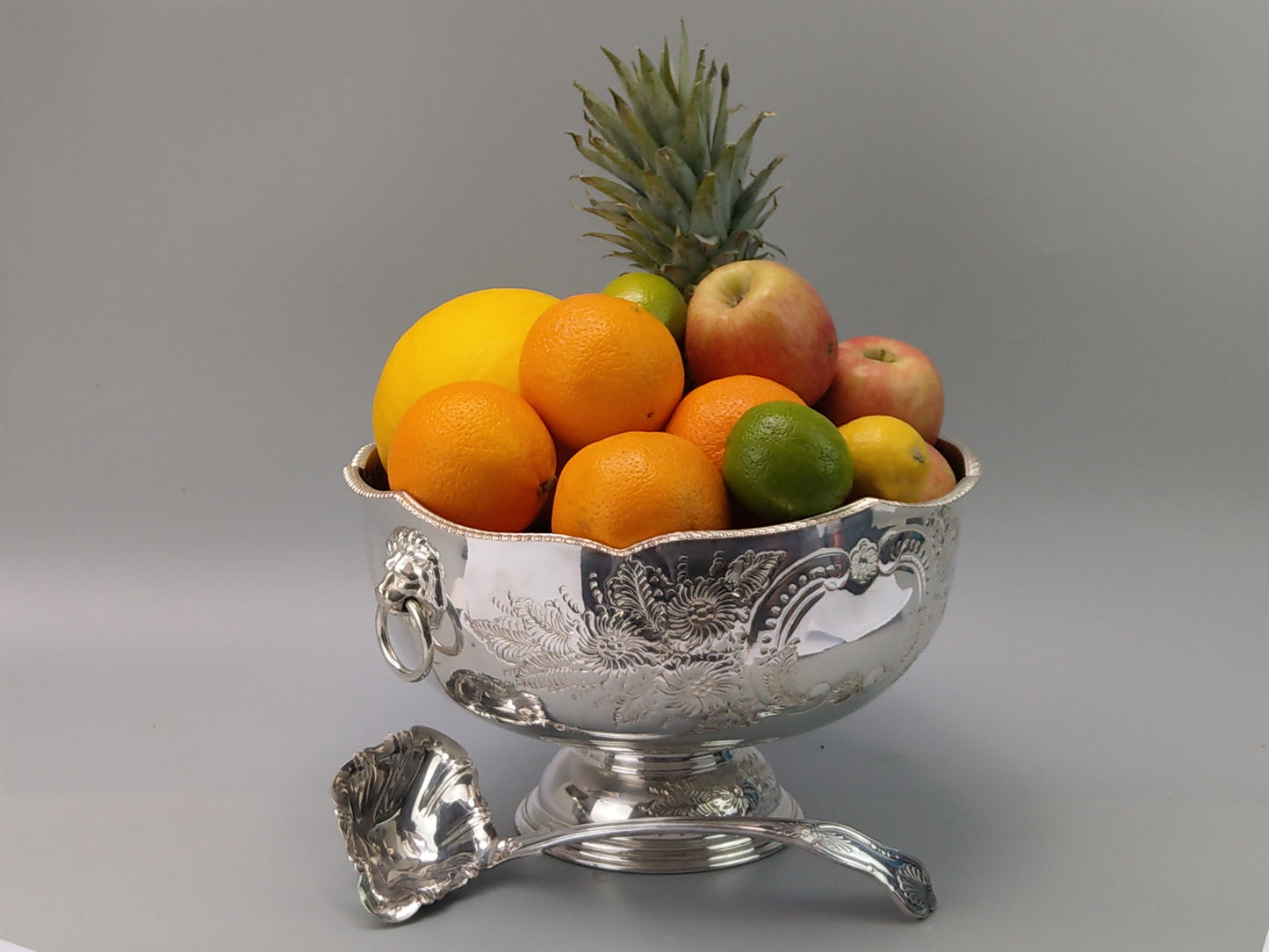 Large Punch Bowl, Silver-Plated, with Embossed Floral Scrolls and Lion Mask Handles by Pinder Bros