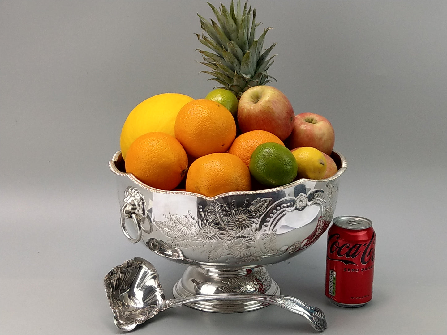 Large Punch Bowl, Silver-Plated, with Embossed Floral Scrolls and Lion Mask Handles by Pinder Bros