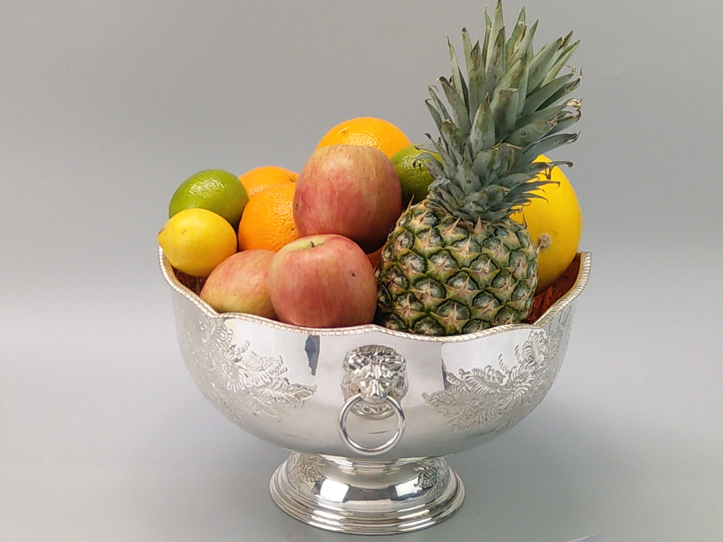 Large Punch Bowl, Silver-Plated, with Embossed Floral Scrolls and Lion Mask Handles by Pinder Bros