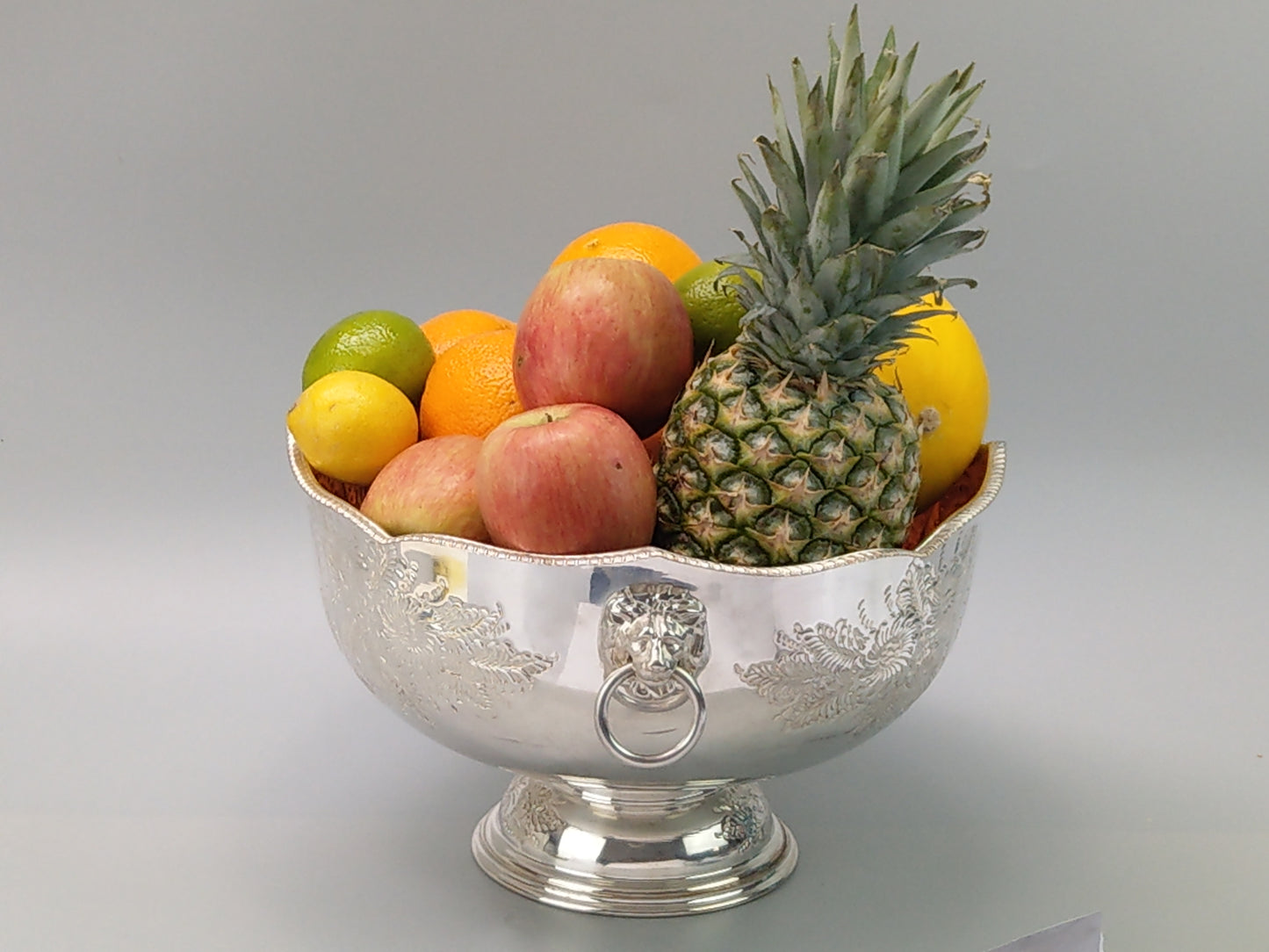 Large Punch Bowl, Silver-Plated, with Embossed Floral Scrolls and Lion Mask Handles by Pinder Bros