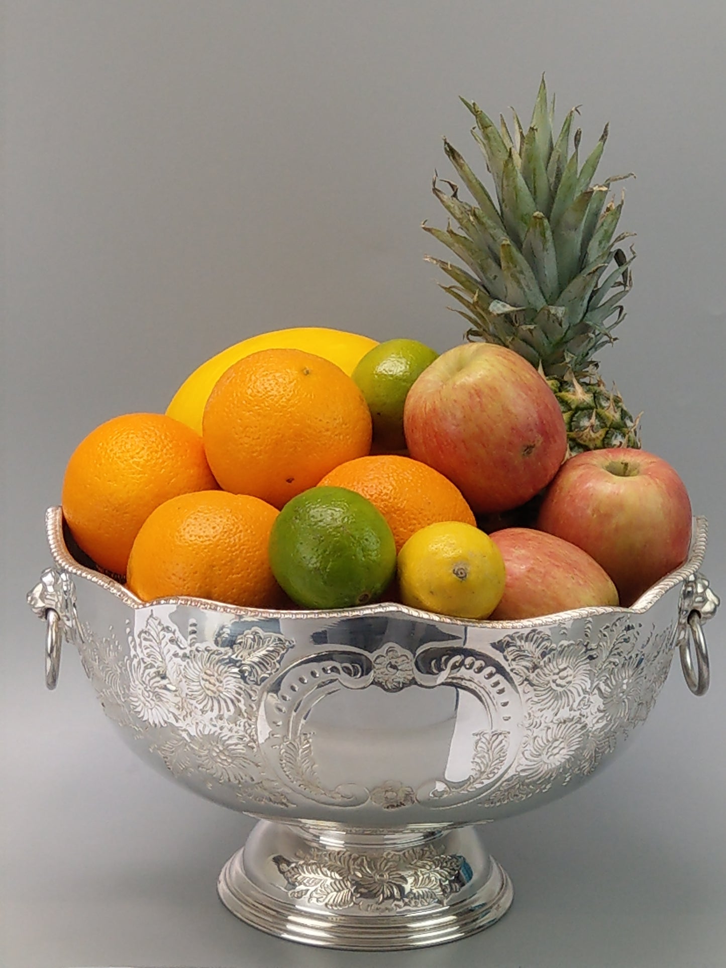 Large Punch Bowl, Silver-Plated, with Embossed Floral Scrolls and Lion Mask Handles by Pinder Bros