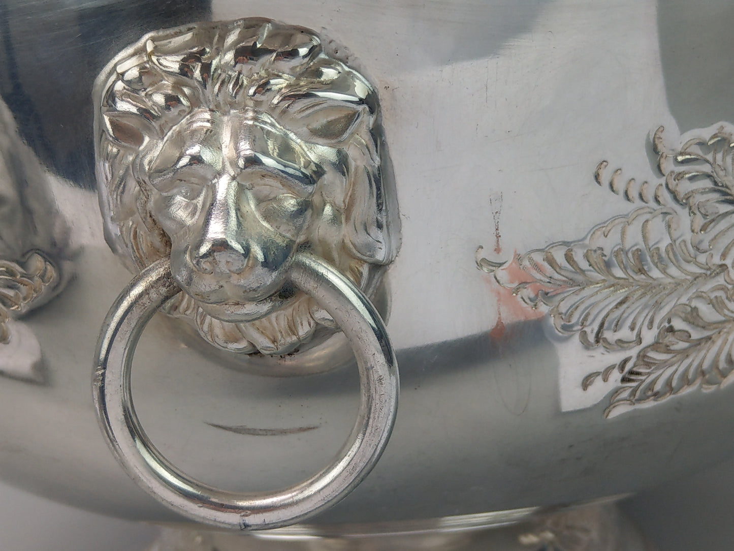 Large Punch Bowl, Silver-Plated, with Embossed Floral Scrolls and Lion Mask Handles by Pinder Bros