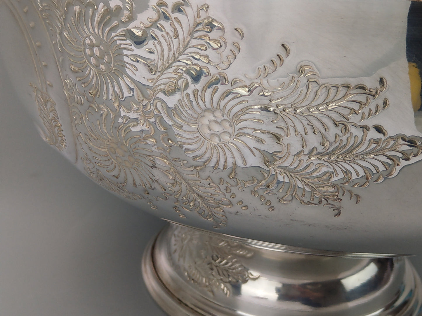 Large Punch Bowl, Silver-Plated, with Embossed Floral Scrolls and Lion Mask Handles by Pinder Bros