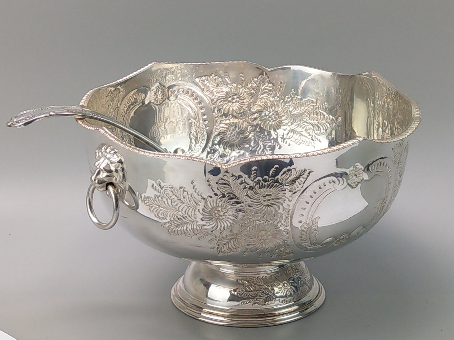 Large Punch Bowl, Silver-Plated, with Embossed Floral Scrolls and Lion Mask Handles by Pinder Bros