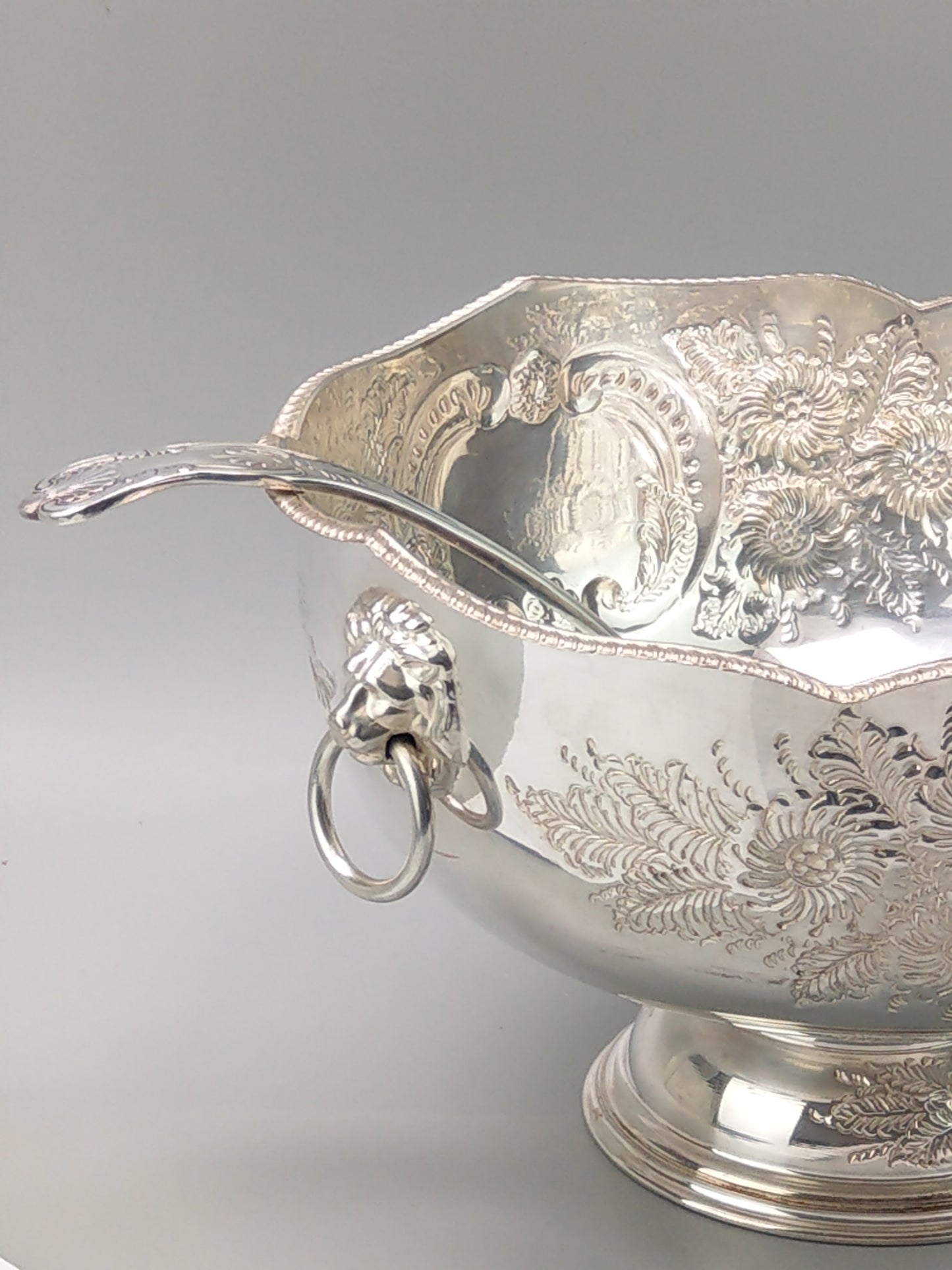 Large Punch Bowl, Silver-Plated, with Embossed Floral Scrolls and Lion Mask Handles by Pinder Bros