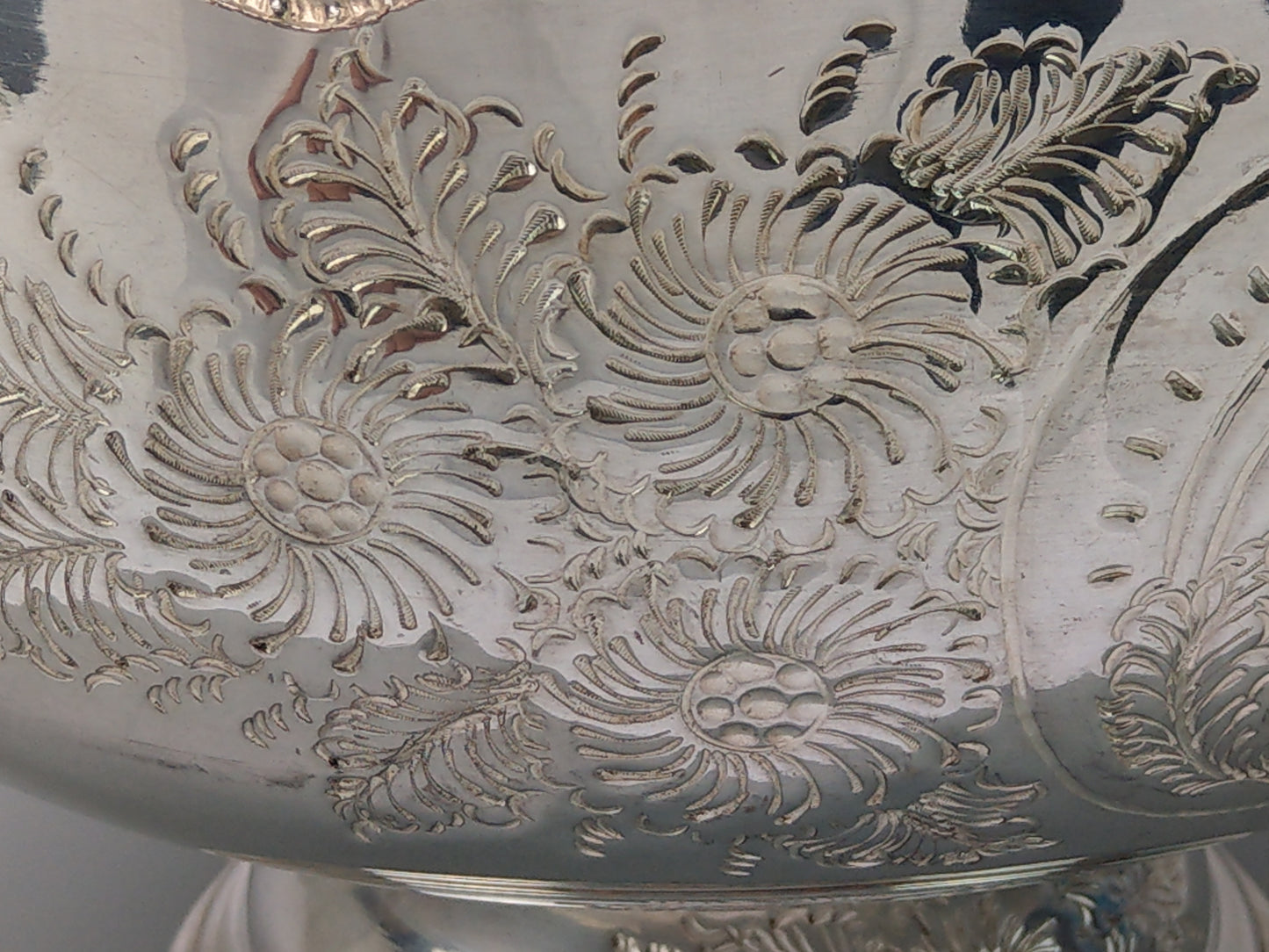 Large Punch Bowl, Silver-Plated, with Embossed Floral Scrolls and Lion Mask Handles by Pinder Bros