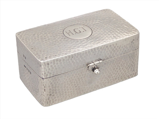 Sterling silver hammered box for razor by Levi and Salaman, 1910, with initials H.G.T.