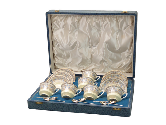 Art Deco coffee set with silver spoons, Royal Worcester Lady Evelyn with Forget-Me-Not Flowers